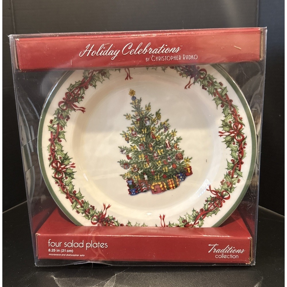 Christopher Radko Holiday Celebrations‎ Christmas Tree Salad Plates Set Of 4 NEW